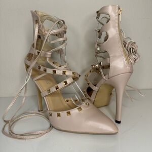 Elegant Blush Lace-Up Heels with Gold Studs